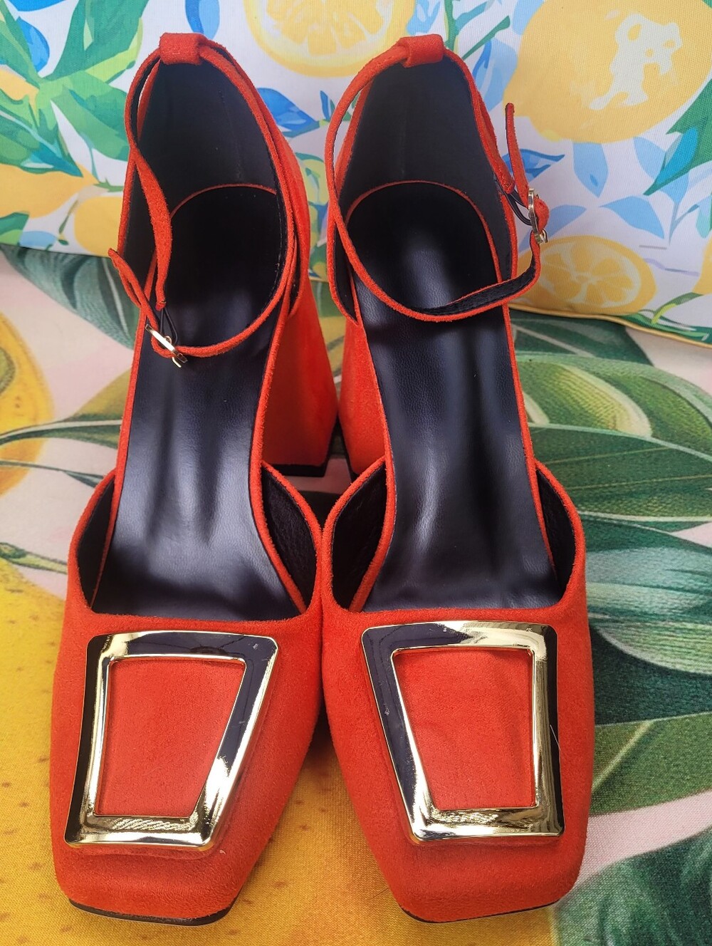 Women’s Orange Faux Suede Block Heel Pumps with Gold Accent